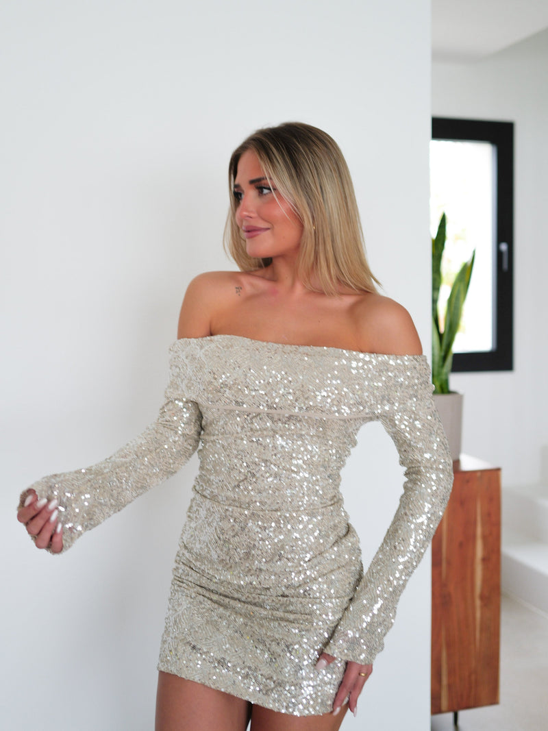 Beige sequined bardot dress