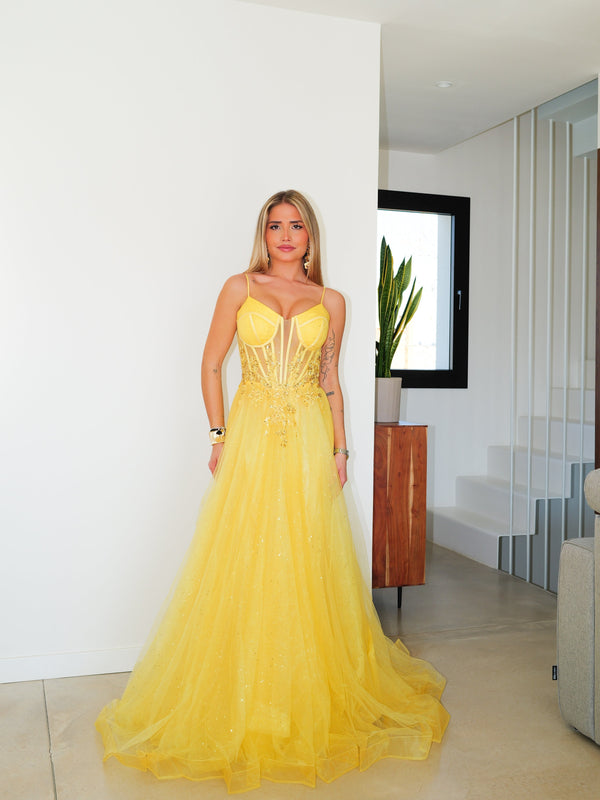 Yellow tulle corset dress with flowers