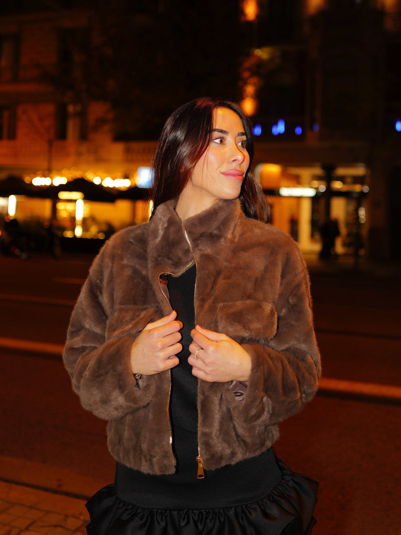 Veste en fourrure zippée chocolat