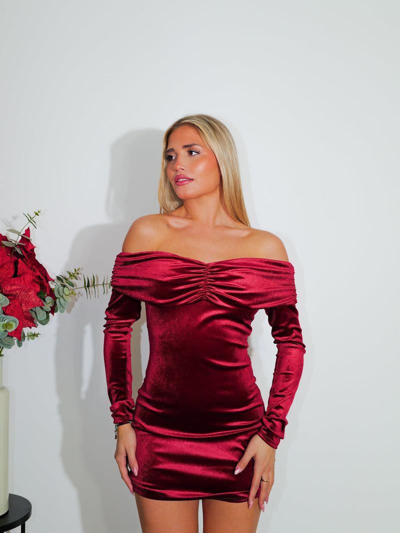 Burgundy velvet bardot dress