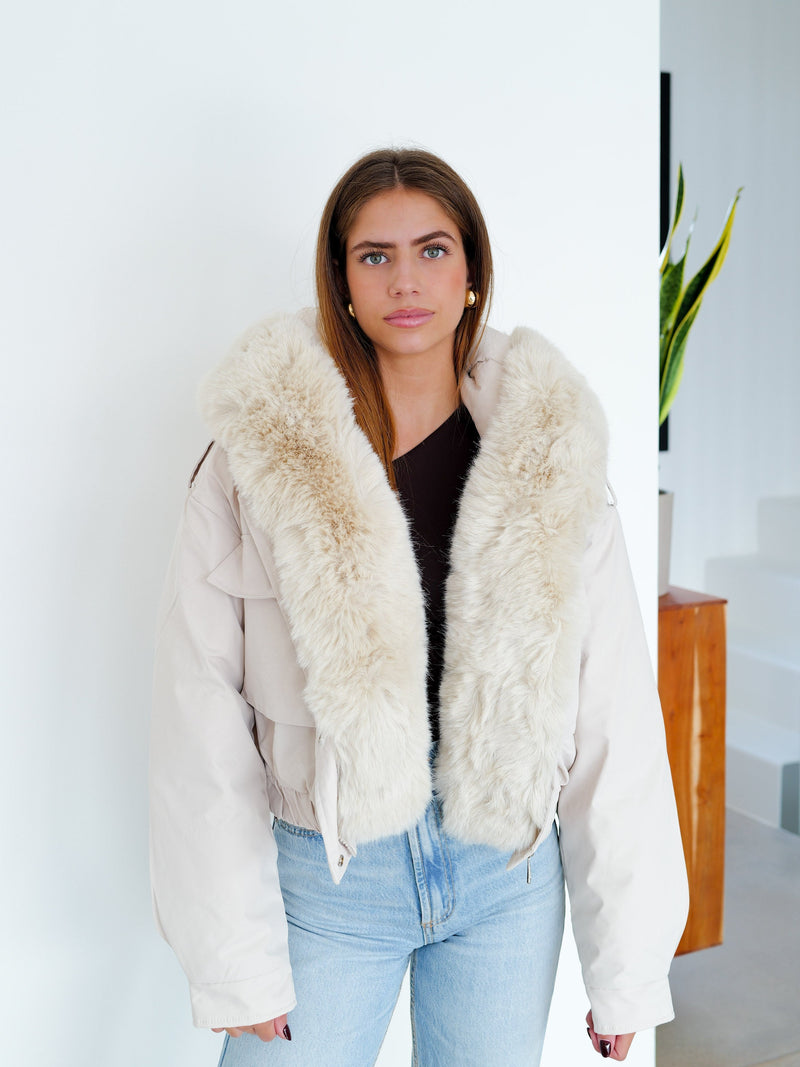Beige fur bomber jacket Success