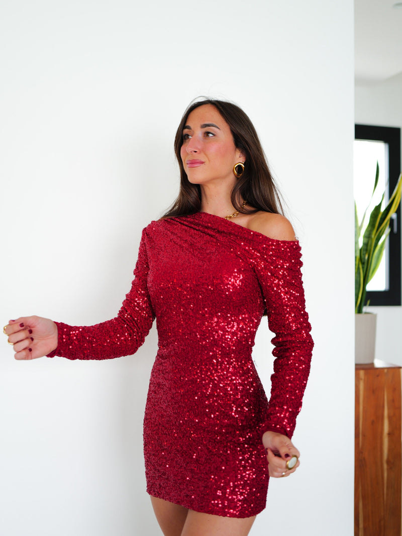 Mini robe asymétrique rouge à paillettes