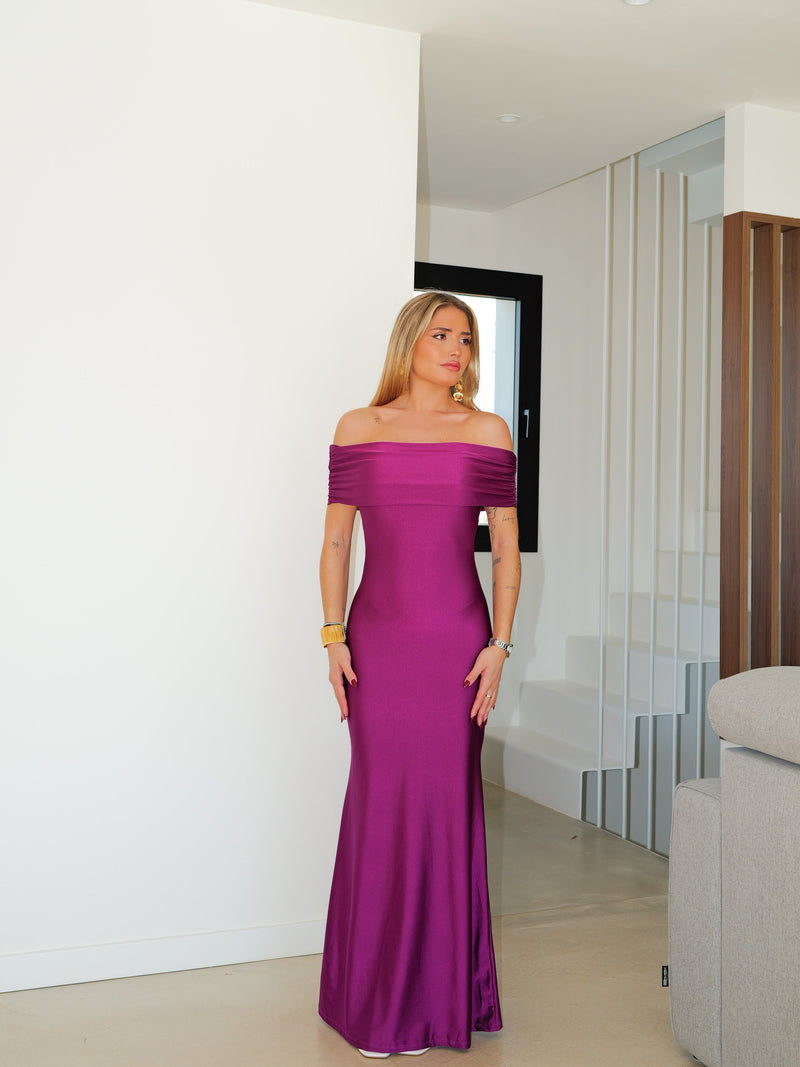 Yellow satin Bardot (off-shoulder) dress with open back
