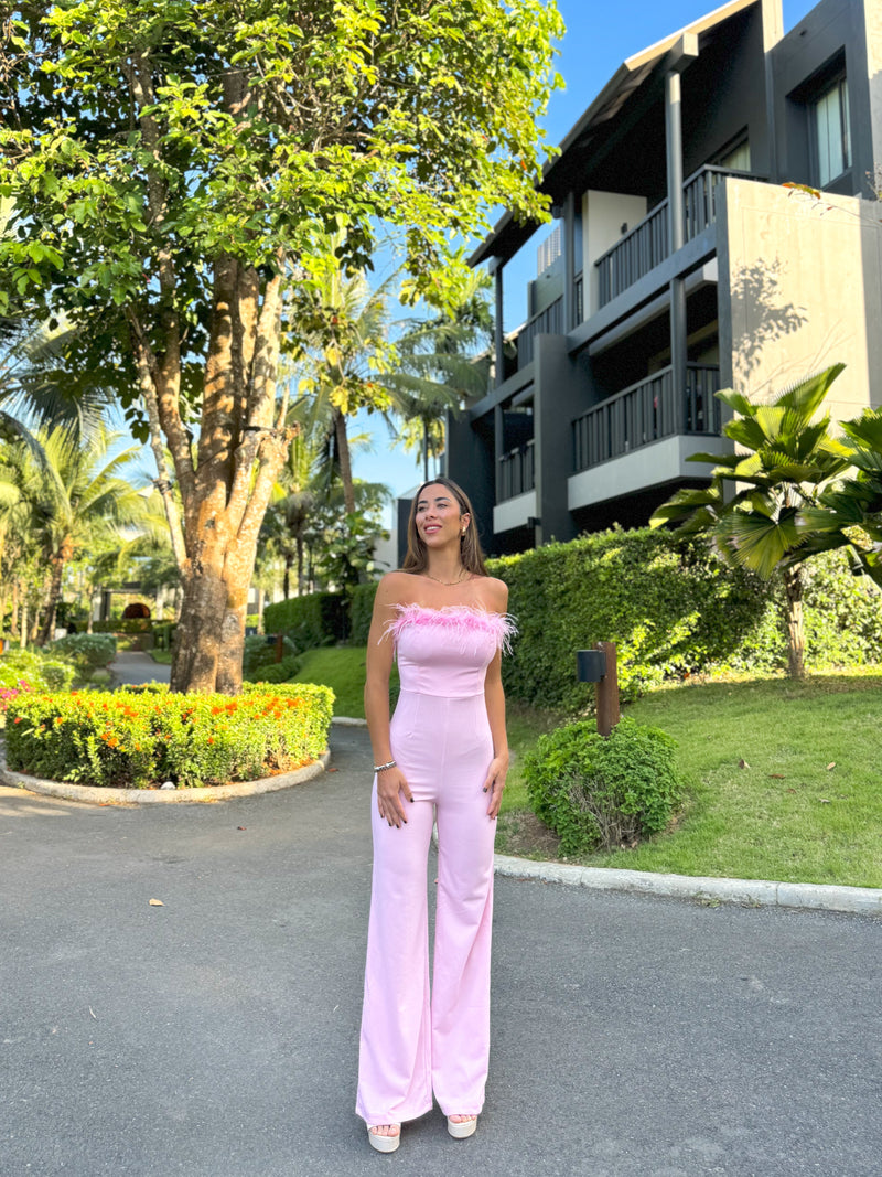 Pink feathered jumpsuit