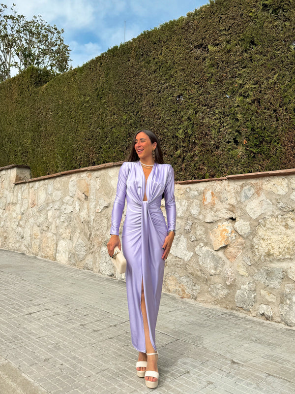 Lilac dress with tied sleeves