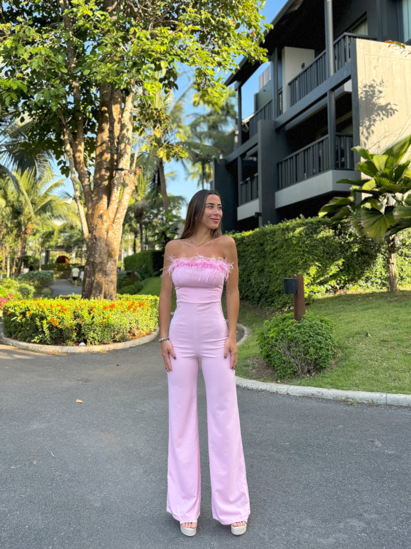 Pink feathered jumpsuit