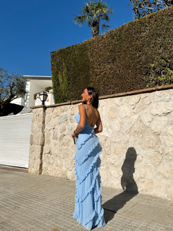 Sky blue crepe dress with ruffles