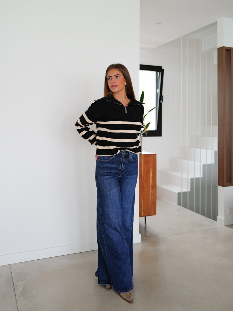 Black striped zip-up sweater