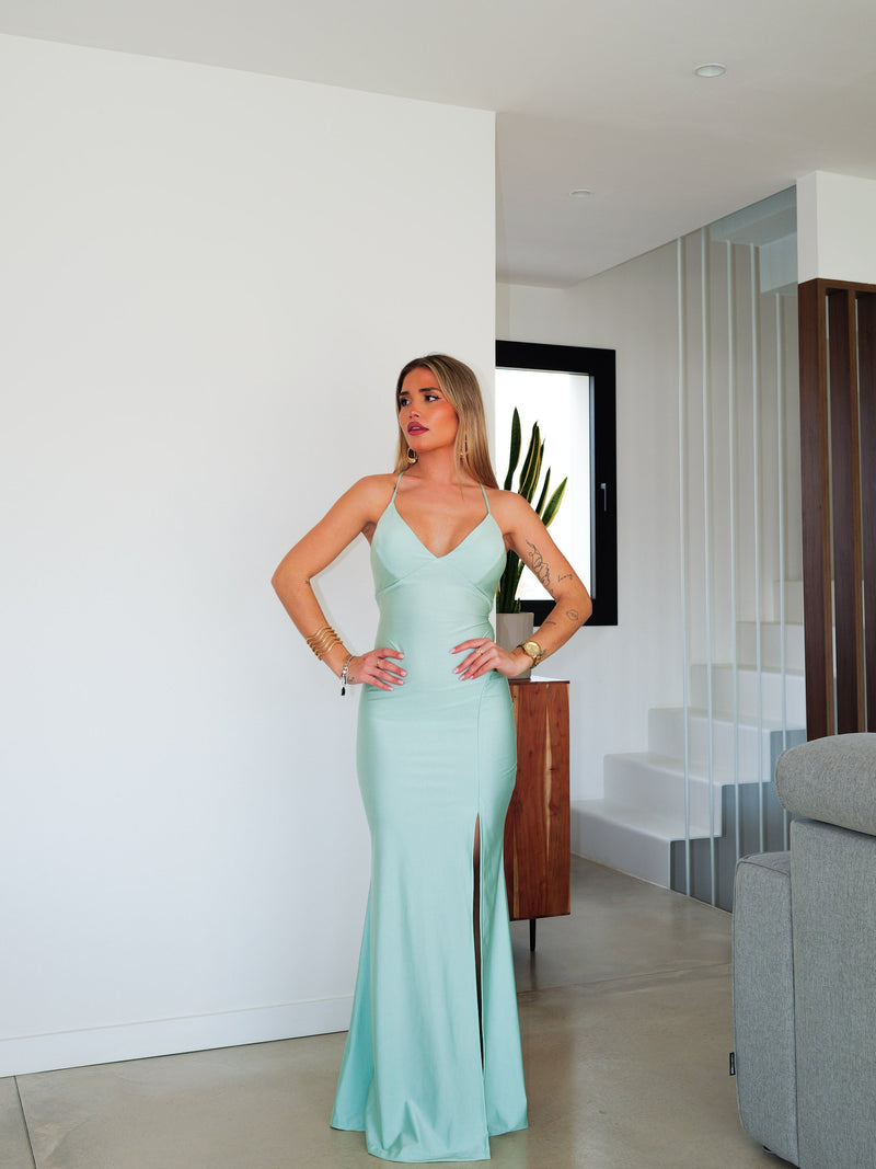 Robe à visière en satin entrelacé menthe