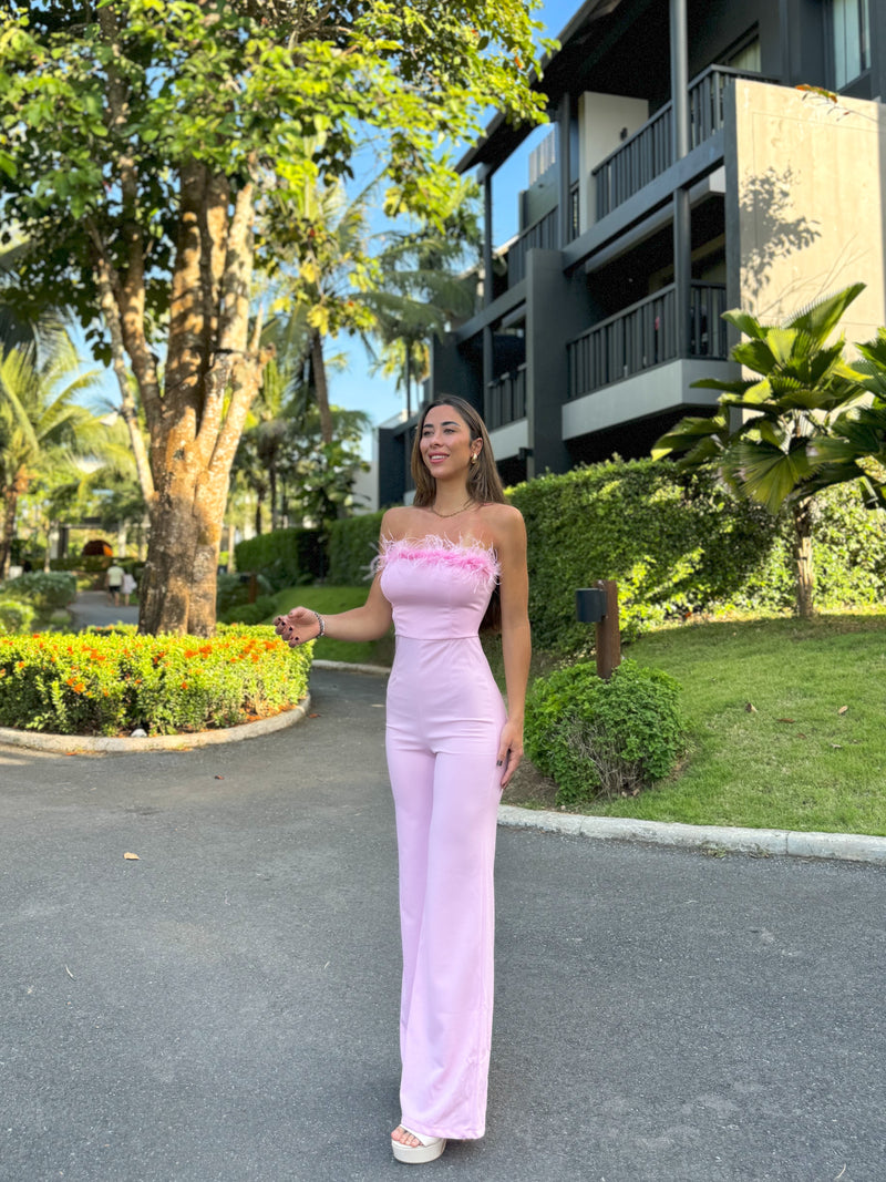 Pink feathered jumpsuit