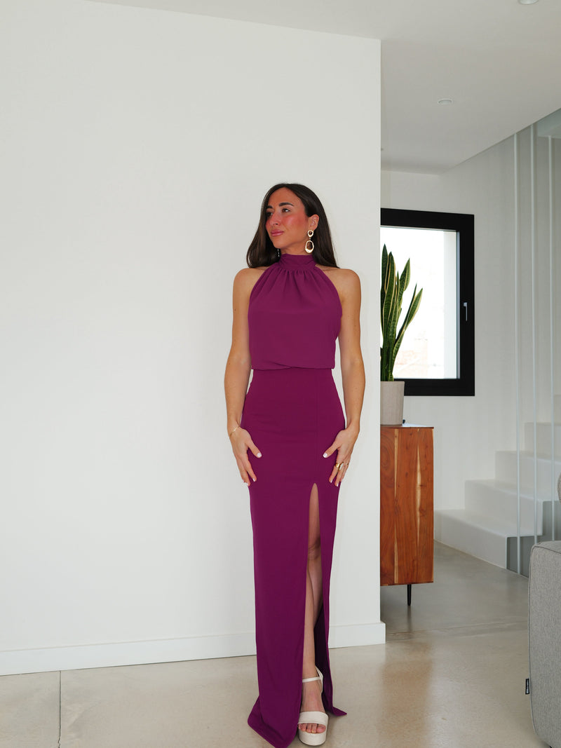 Robe dos nu en tulle aubergine
