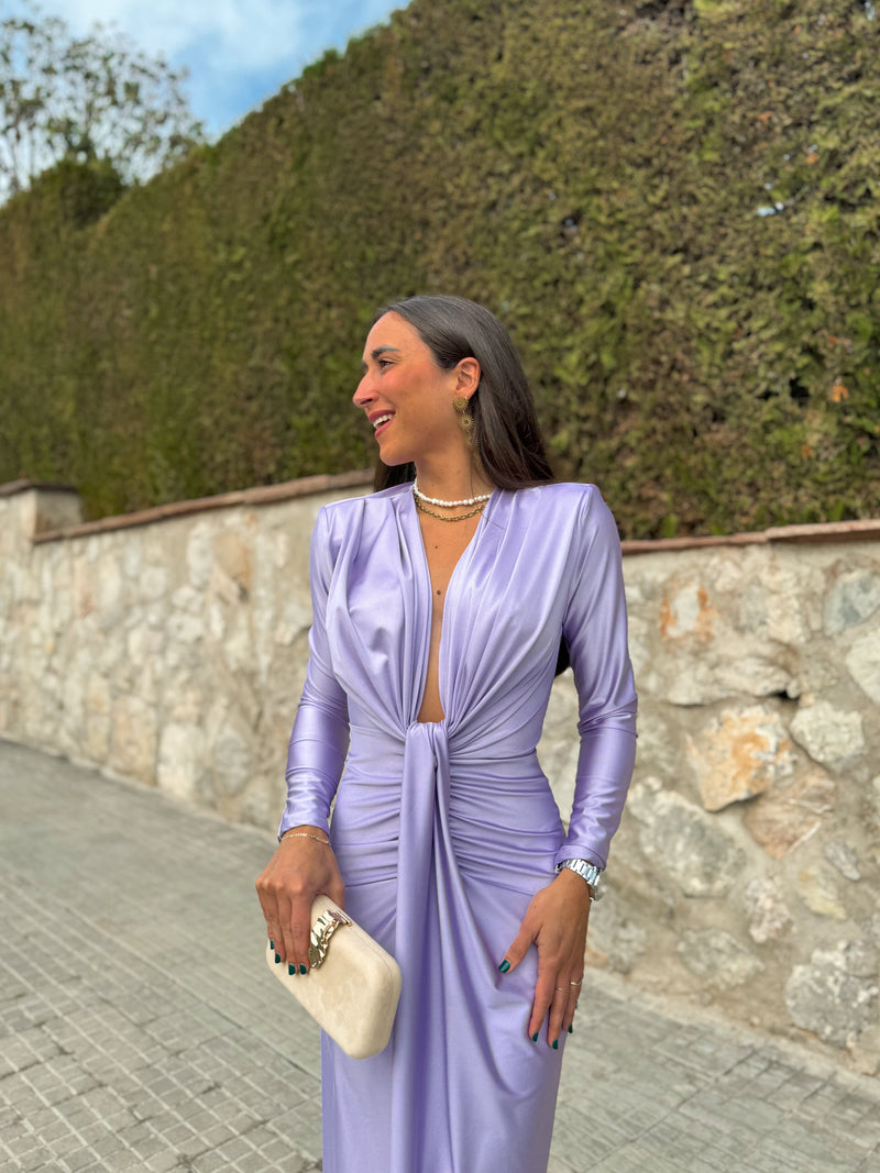 Lilac dress with tied sleeves