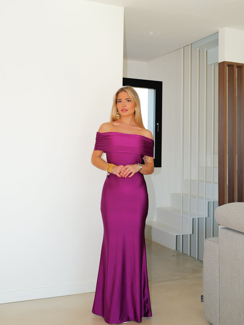Yellow satin Bardot (off-shoulder) dress with open back