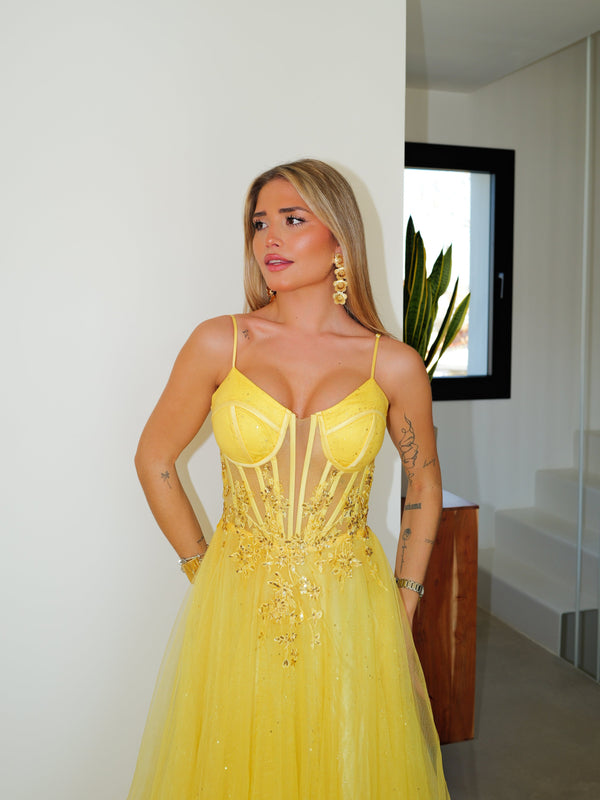Yellow tulle corset dress with flowers