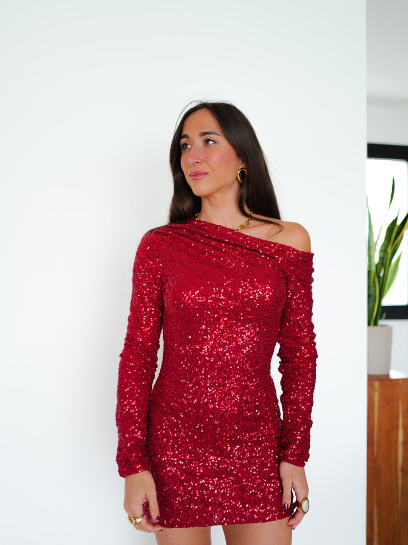 Mini robe asymétrique rouge à paillettes