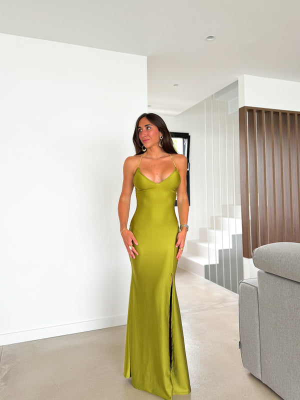 Olive satin dress with intertwined visor detail