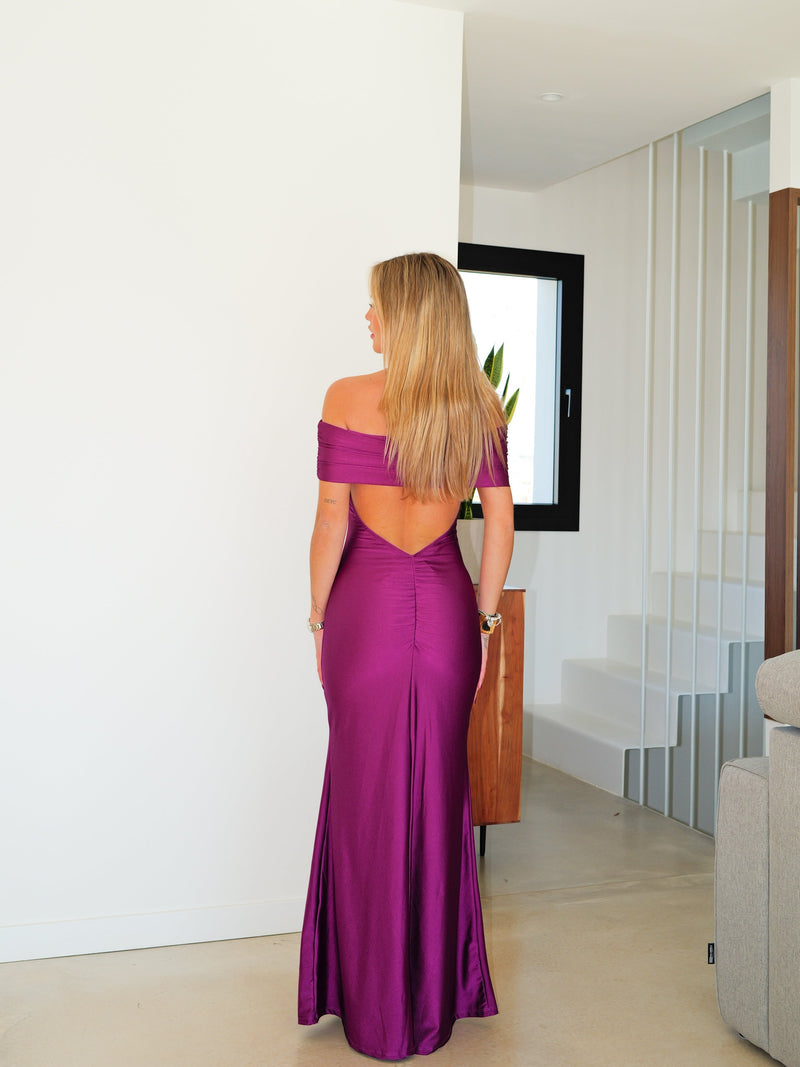 Yellow satin Bardot (off-shoulder) dress with open back