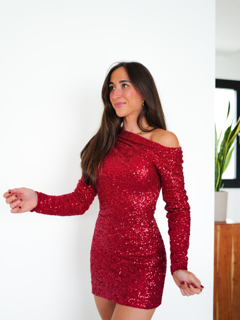 Mini robe asymétrique rouge à paillettes
