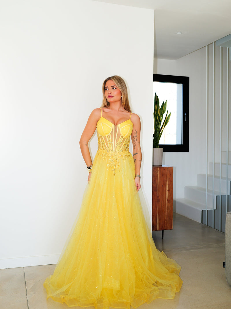 Yellow tulle corset dress with flowers