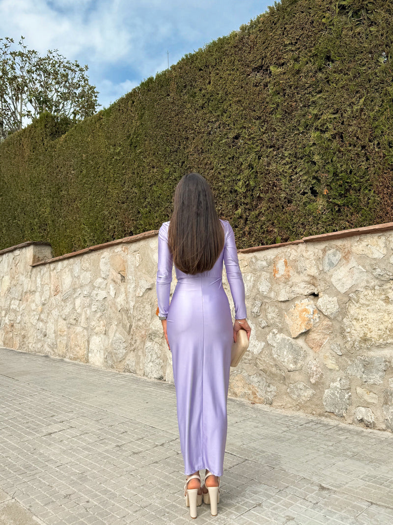 Lilac dress with tied sleeves