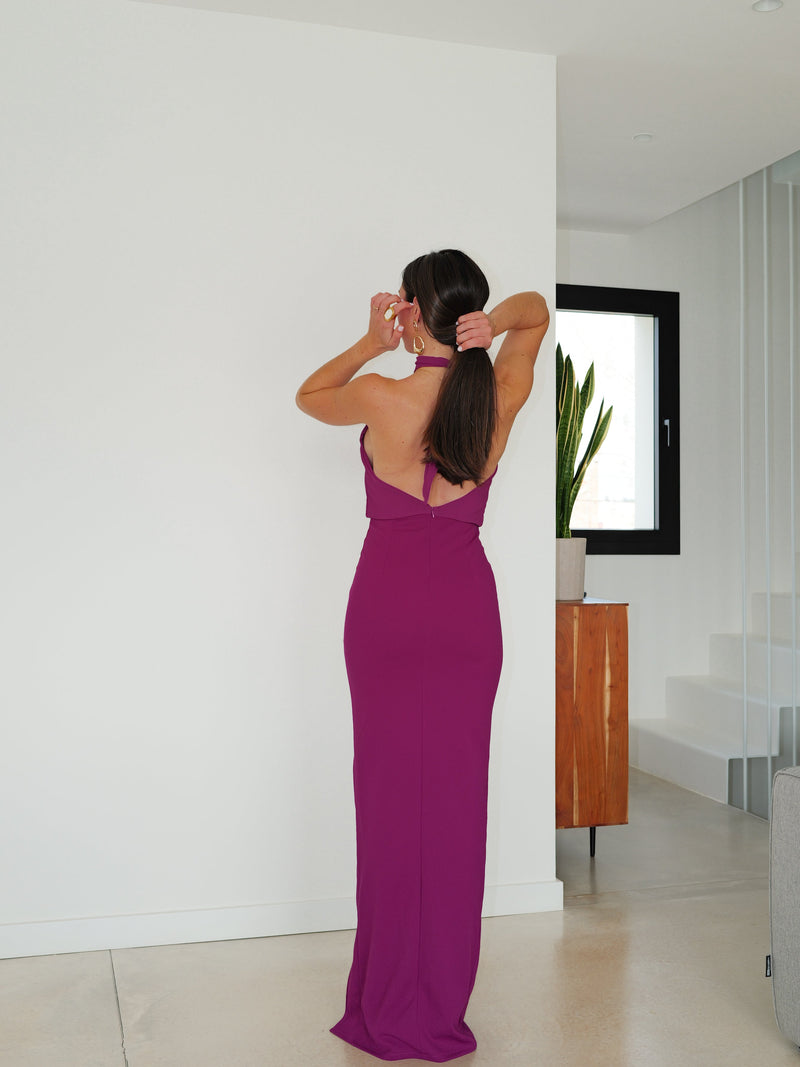 Robe dos nu en tulle aubergine
