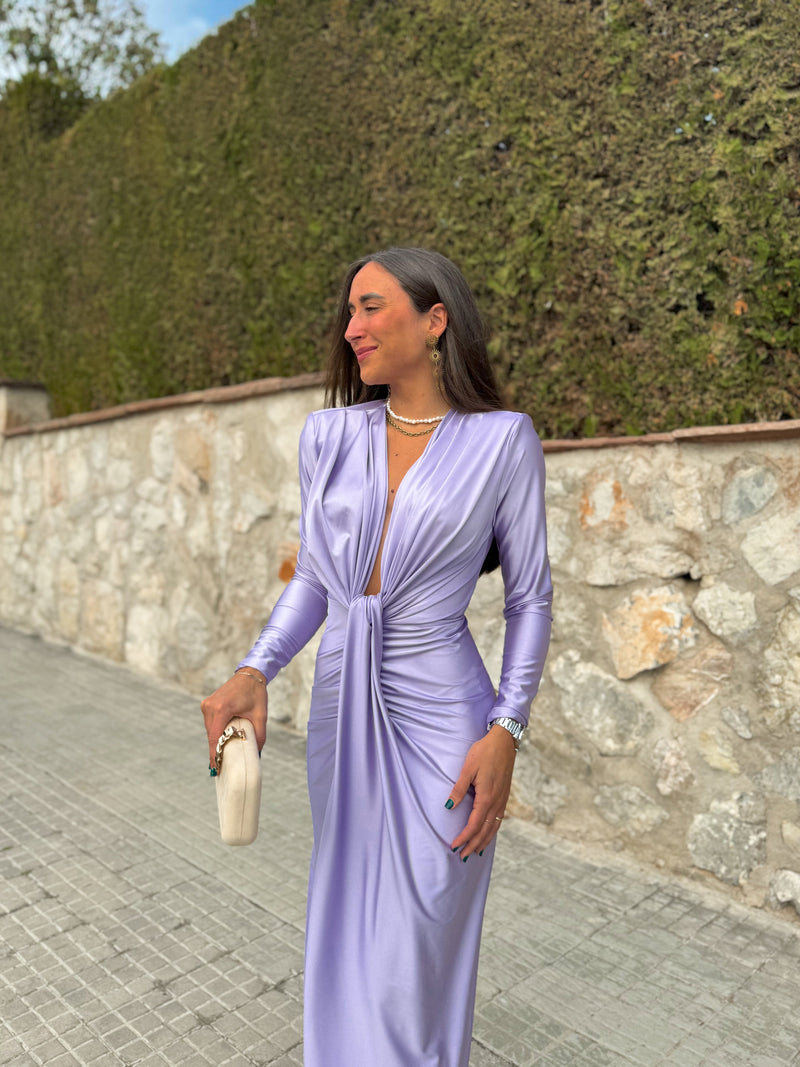 Lilac dress with tied sleeves