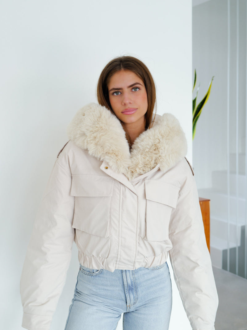 Beige fur bomber jacket Success