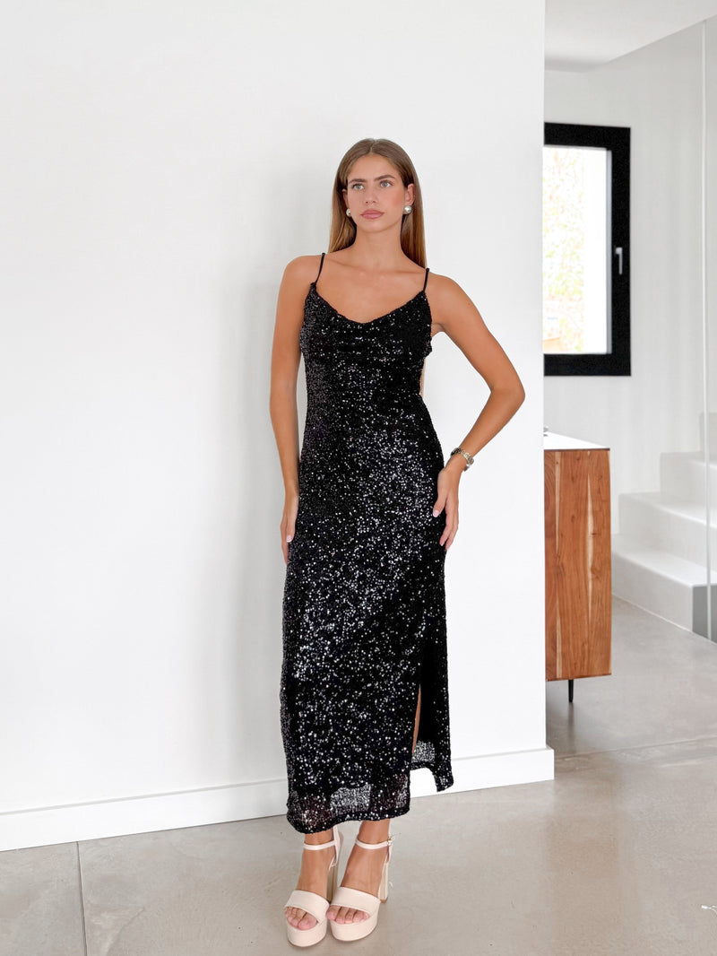 Black sequin cascading midi dress