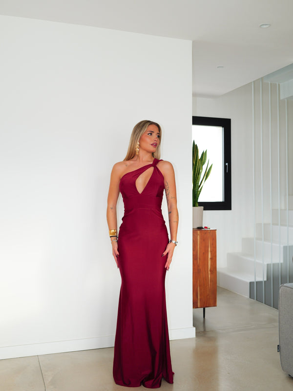 Burgundy asymmetrical dress with bow and off-shoulder sleeves