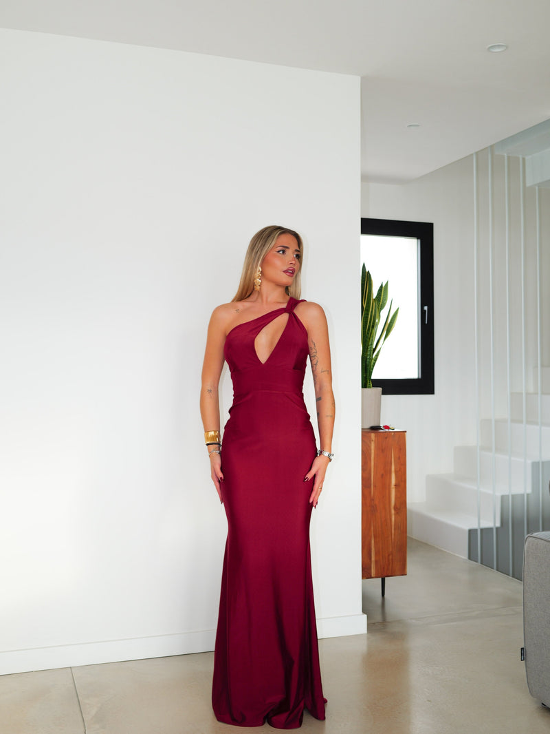 Burgundy asymmetrical dress with bow and off-shoulder sleeves