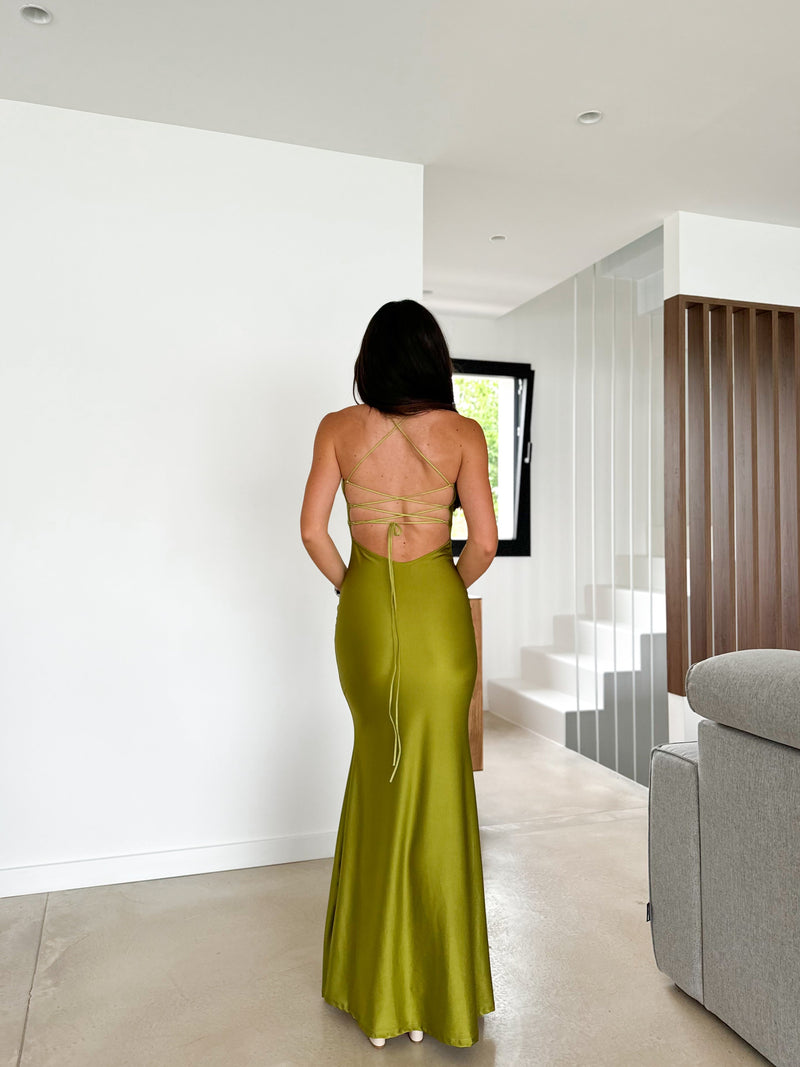 Olive satin dress with intertwined visor detail