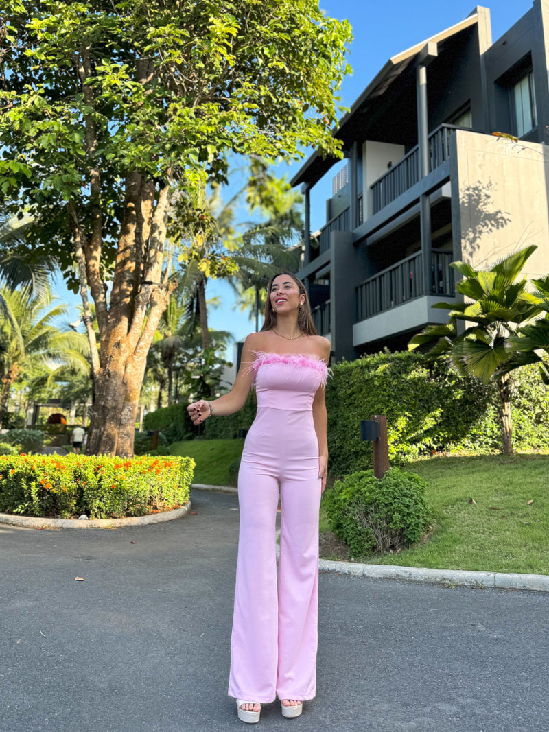 Pink feathered jumpsuit