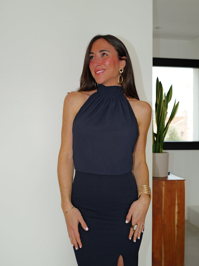 Robe dos nu en tulle marine