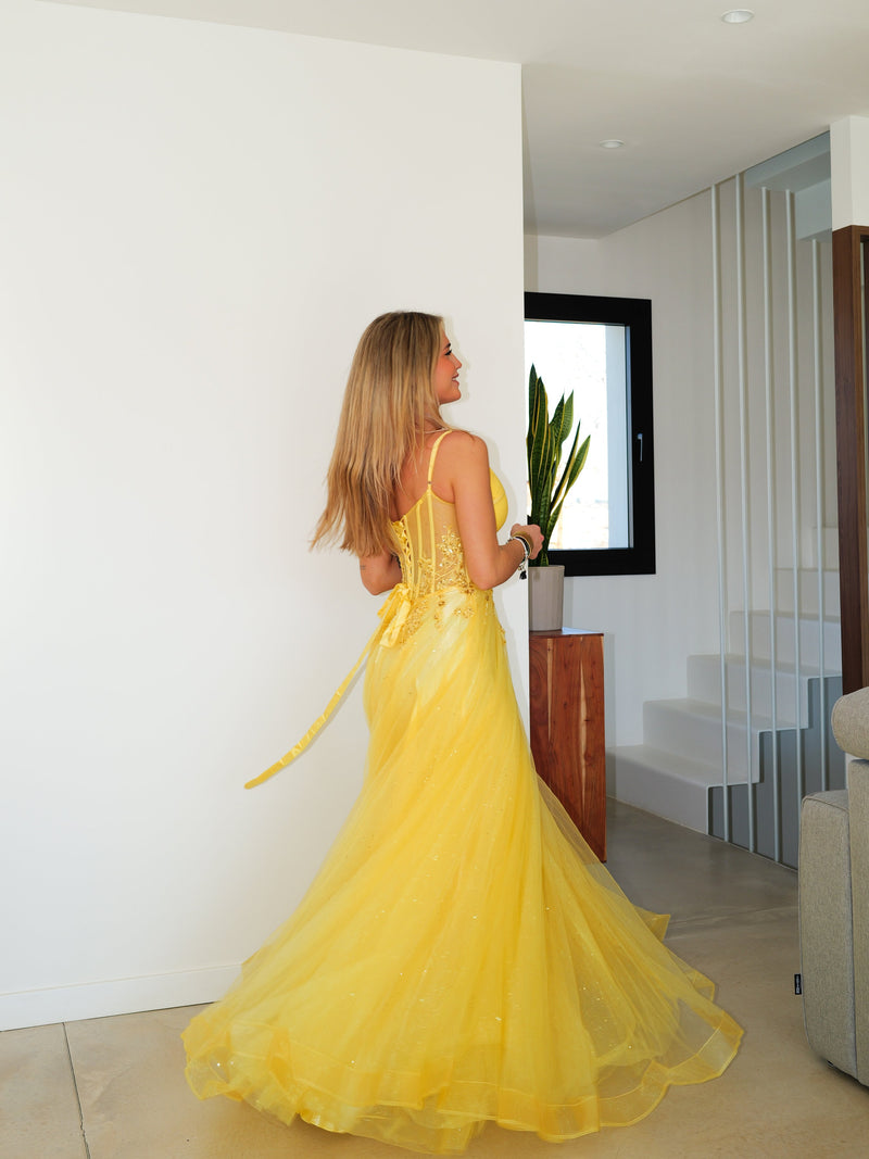 Yellow tulle corset dress with flowers
