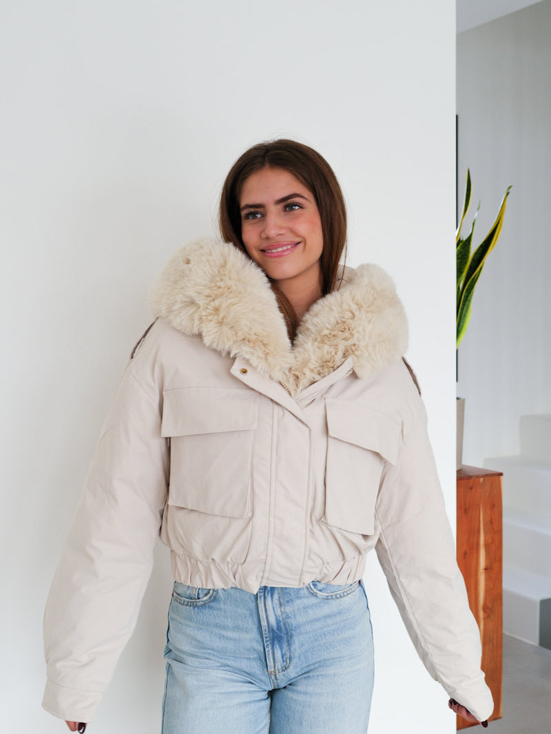 Beige fur bomber jacket Success