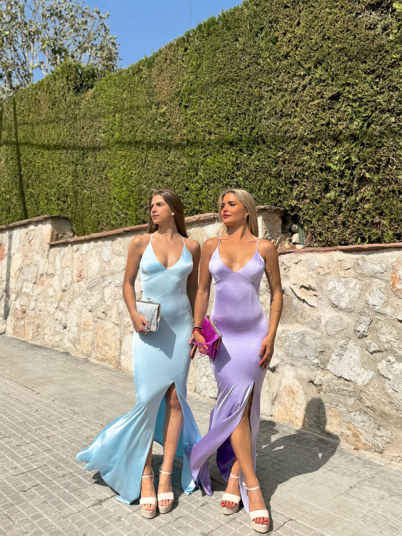 Sky blue satin dress with intertwined crest detail