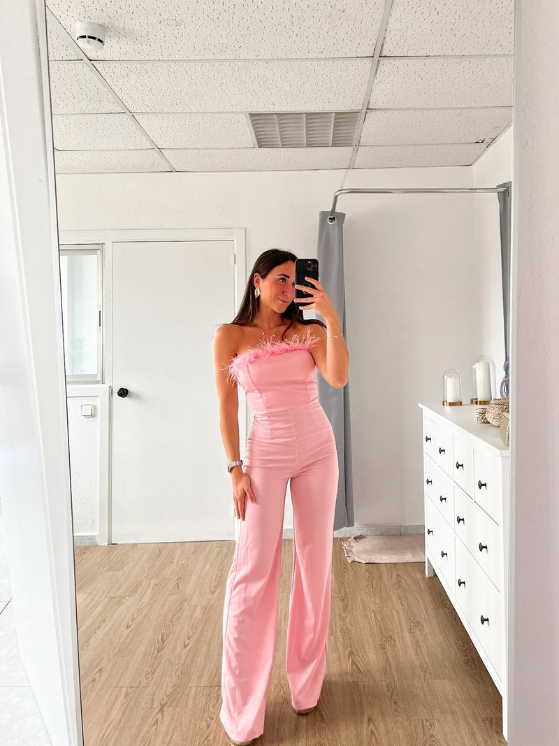 Pink feathered jumpsuit