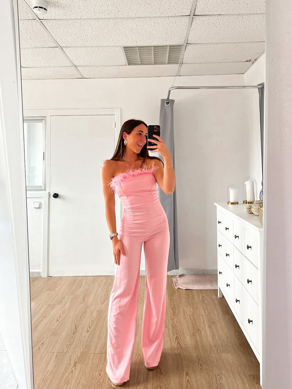 Pink feathered jumpsuit