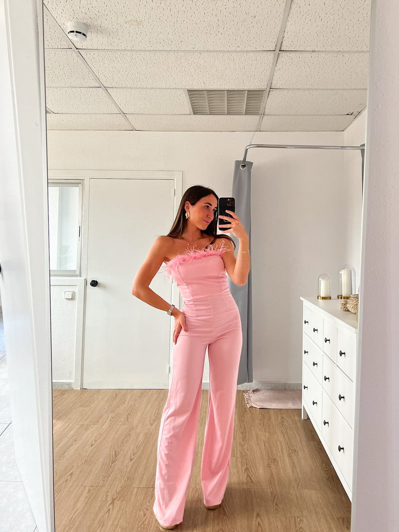 Pink feathered jumpsuit